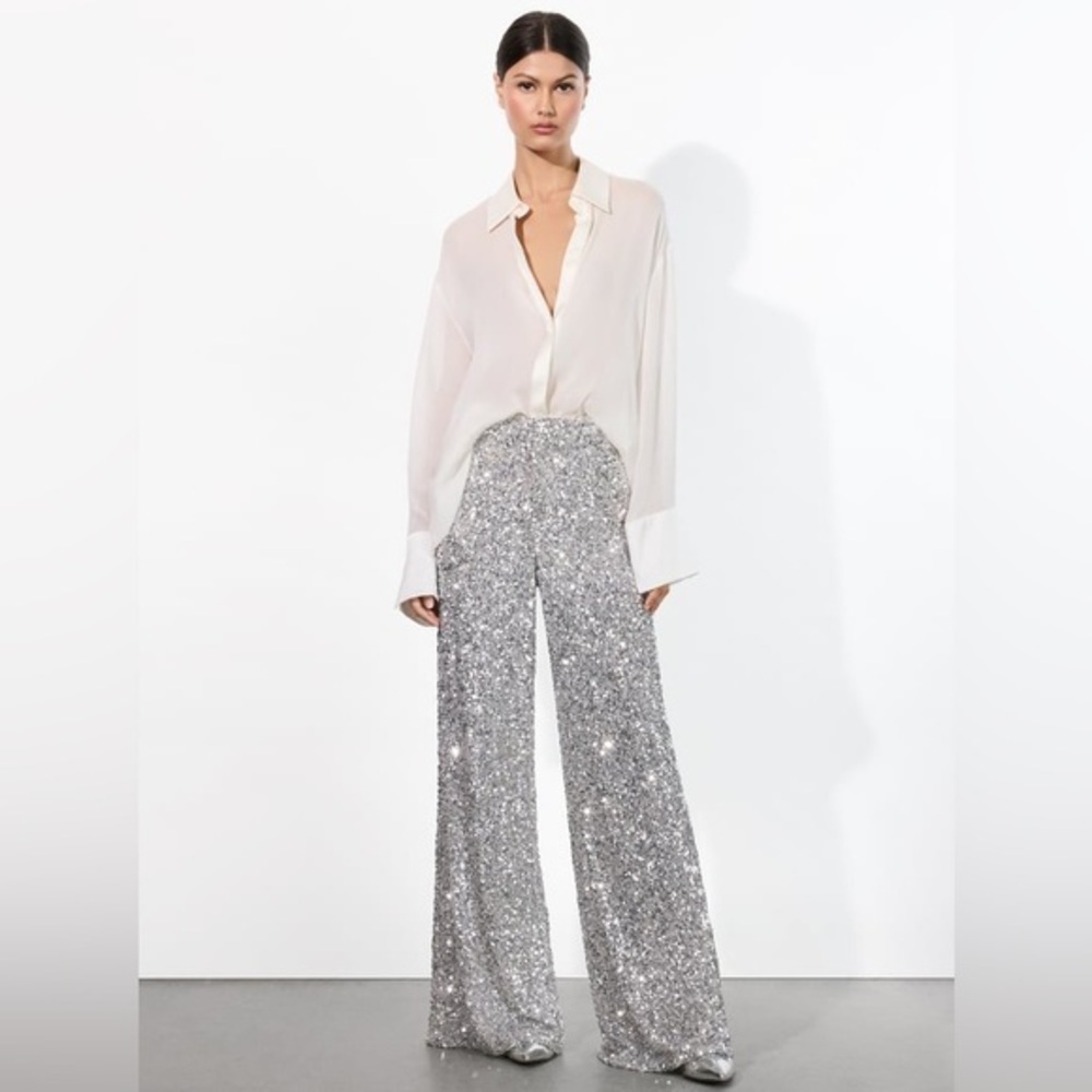 Alice + Olivia Silver Sequin Wide-Leg Pants